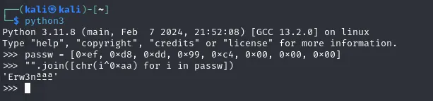 Password: Erw3n (nevermind the last 3 bytes)